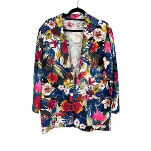 Retro Floral Linen Blazer M Colorful Festive Holiday Classic Chic Preppy Boho